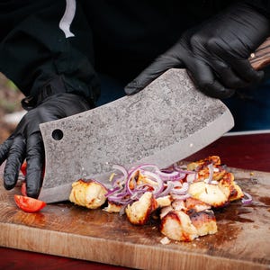 Handmade Heavy Duty Meat Cleaver – Butcher Knife – 6mm Thick Carbon Steel – Oak Handle – Leather Sheath – Sharp and Durable Kitchen BBQ Tool
