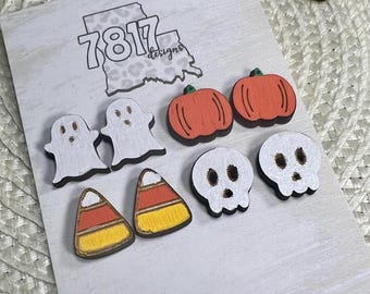Lot de boucles d'oreilles d'Halloween | Boucles d'oreilles fantômes, citrouilles, bonbons au maïs et tête de mort | Fichier numérique Glowforge découpé au laser