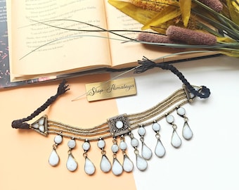 White Teardrop Afghan Choker: Vintage Kuchi Tribal Necklace