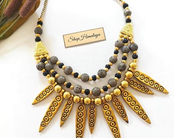 Collar tribal dorado en capas, colgante bohemio con pinchos, joyería étnica para festivales tibetanos