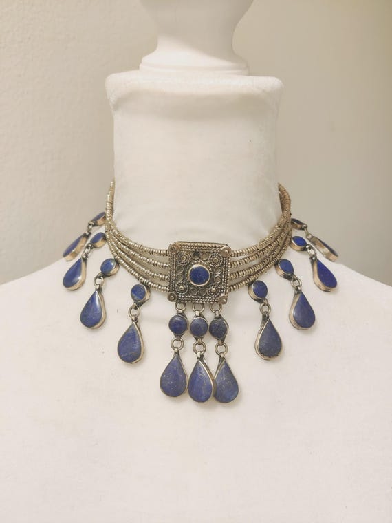 Lapis Lazuli Afghan Choker: Ethnic Tribal Necklace Blue Stone Golden Bib