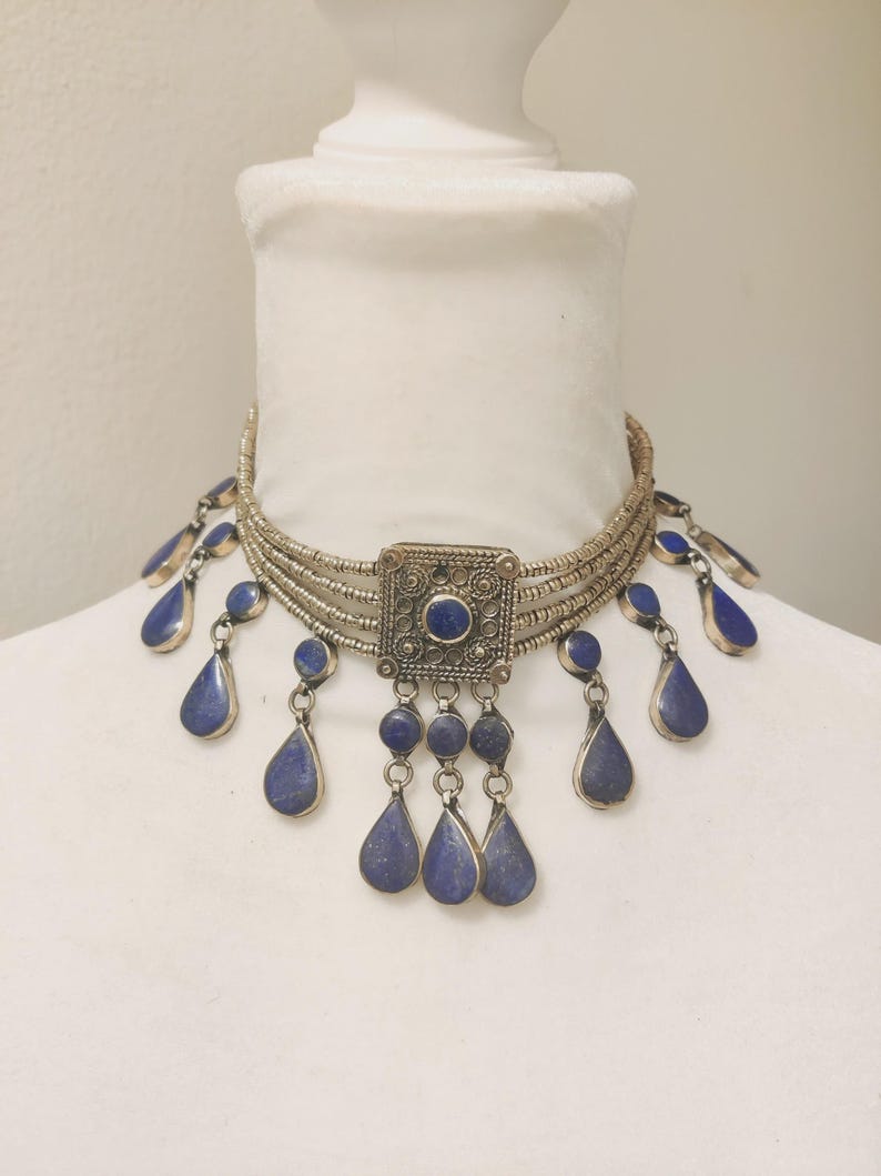Lapis Lazuli Afghan Choker: Ethnic Tribal Necklace Blue Stone Golden Bib Lapis