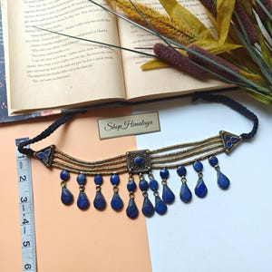 Lapis Lazuli Afghan Choker: Ethnic Tribal Necklace Blue Stone Golden Bib image 6