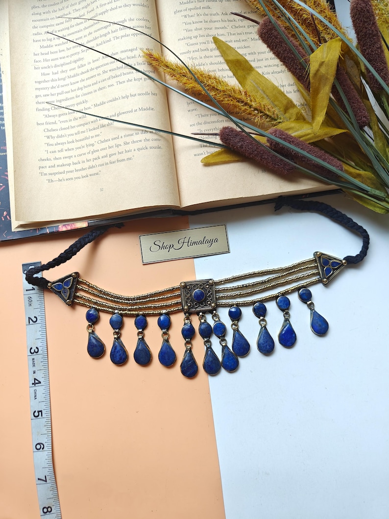 Lapis Lazuli Afghan Choker: Ethnic Tribal Necklace Blue Stone Golden Bib image 6