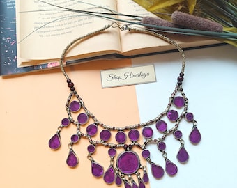 Purple Afghan Bib Necklace Choker, Tribal Jewelry Belly Dancer Neck Piece