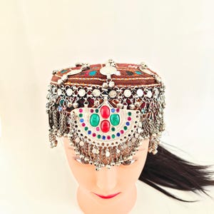 Kuchi Tribal Headpiece, Vintage Afghan Embroidered Halima Cap, Boho Festival Head Jewelry, Belly Dance Headwear, Afghan Hat Headpiece