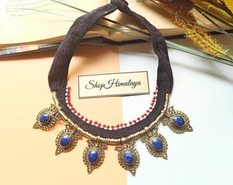 Lapis Lazuli Choker, Afghan Jewelry, Tribal Kuchi Necklace, Charm Choker, Gift for Her, Eid Jewelry, Boho Hippie Necklace, Ethnic Choker