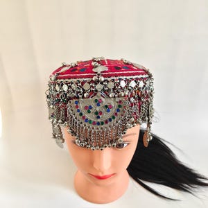 Red Afghan Tribal Headpiece, Kuchi Hat with Bells, Vintage Boho Head Jewelry, Ethnic Nomadic Crown, Afghan Woman Cap, Halima Sultan Hat