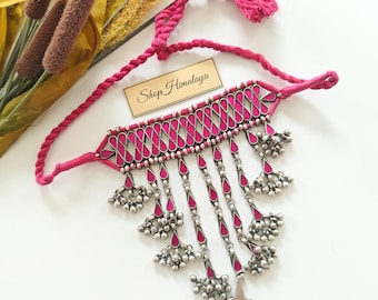 Hot Pink Indian Glass Choker Necklace | Afghan Kuchi Tribal Bell Dangle Boho Statement Jewelry