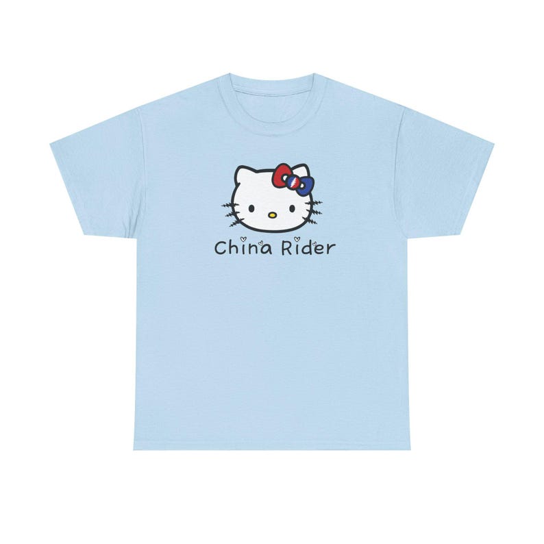 China Rider Parody Cute Kitty Graphic Tee, Fun Unisex Cotton T-Shirt, Hello Kitty Fans Gift, Casual Everyday Wear, Cute Animal Apparel zdjęcie 6