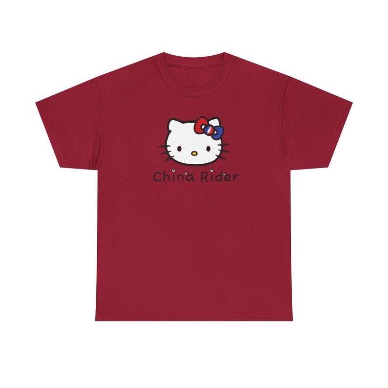 China Rider Parody Cute Kitty Graphic Tee, Fun Unisex Cotton T-Shirt, Hello Kitty Fans Gift, Casual Everyday Wear, Cute Animal Apparel zdjęcie 9