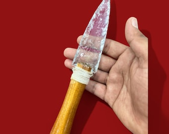 Clear Quartz Crystal Knife 8.5” – Hand-Carved Spiritual Athame with Wooden Handle – Healing Ritual Tool for Energy Work & Decor.