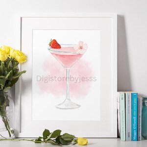 Póster digital de cóctel refrescante de daiquiri de fresa / Bebida rosa colorida / Decoración de pared / Descarga en PDF / Sin marco