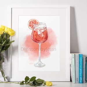 Póster digital de cóctel Aperol Spritz con estilo / Bebida roja colorida / Decoración de pared / Descarga en PDF / Sin marco
