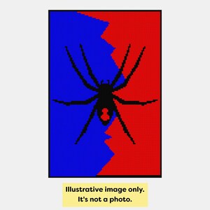 Pode incluir: Imagem pixelizada de uma aranha preta contra um fundo dividido diagonalmente em seções vermelhas e azuis. A imagem é retangular com uma borda preta. O texto na parte inferior diz: Imagem ilustrativa apenas. Não é uma foto.