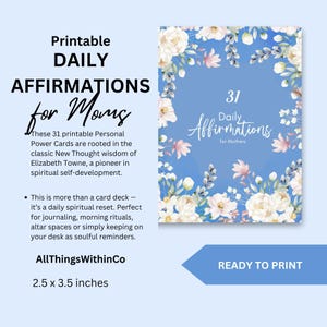 Tarjetas de Afirmación Diaria para Mamás, Regalo Imprimible para el Día de la Madre, 31 Frases de Aliento para Mamás, Baraja Floral Azul, Descarga Instantánea