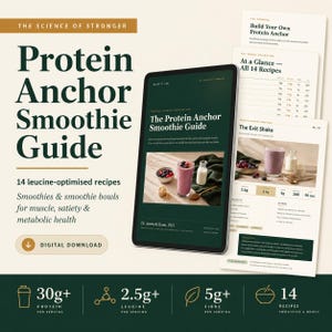 May include: A digital guide titled The Protein Anchor Smoothie Guide featuring 14 leucine-optimised recipes for muscle, satiety, and metabolic health. The display shows a tablet with a smoothie image, alongside printed pages detailing recipes and nutritional data.