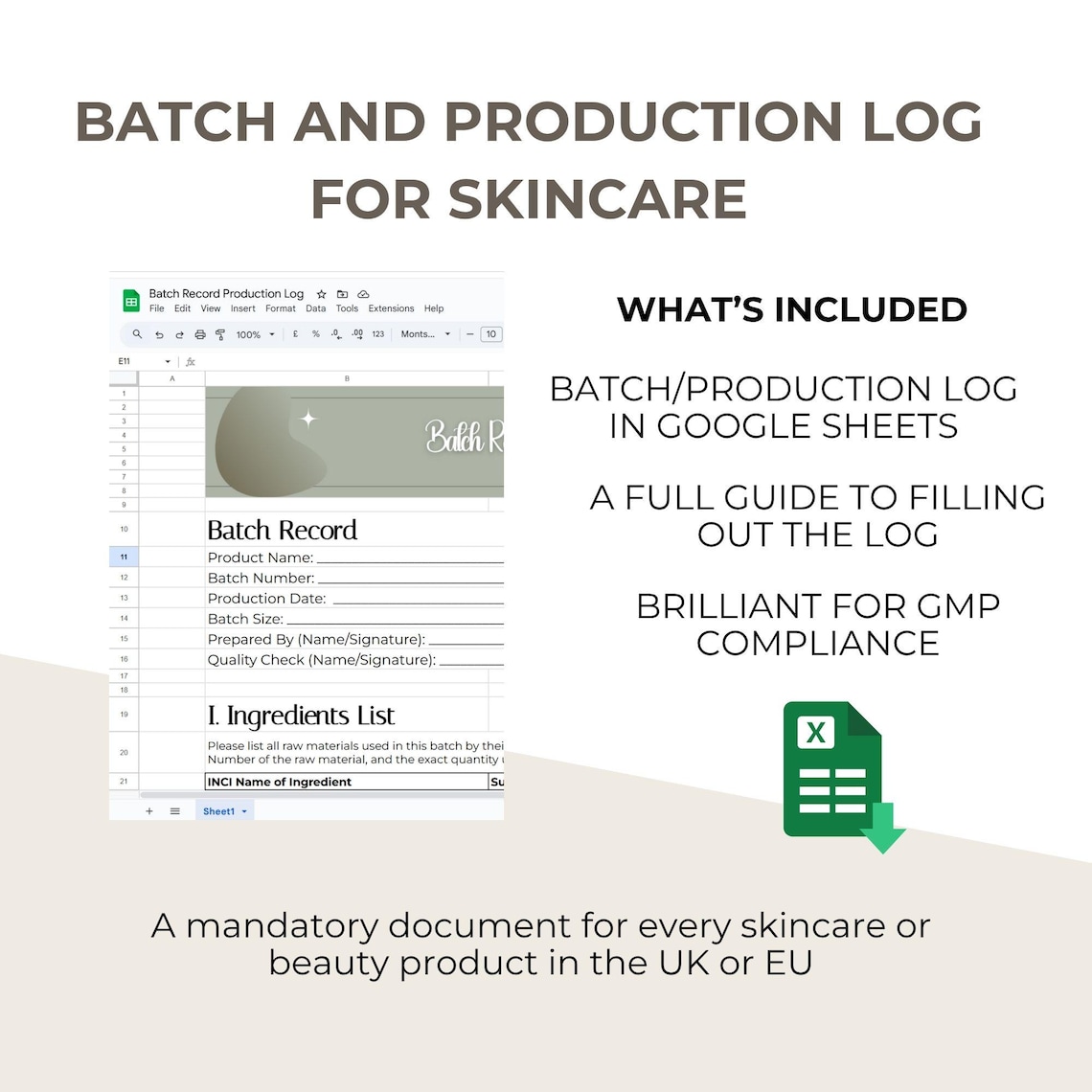 Cosmetic Batch Record Template: GMP Compliant Production Log (google ...