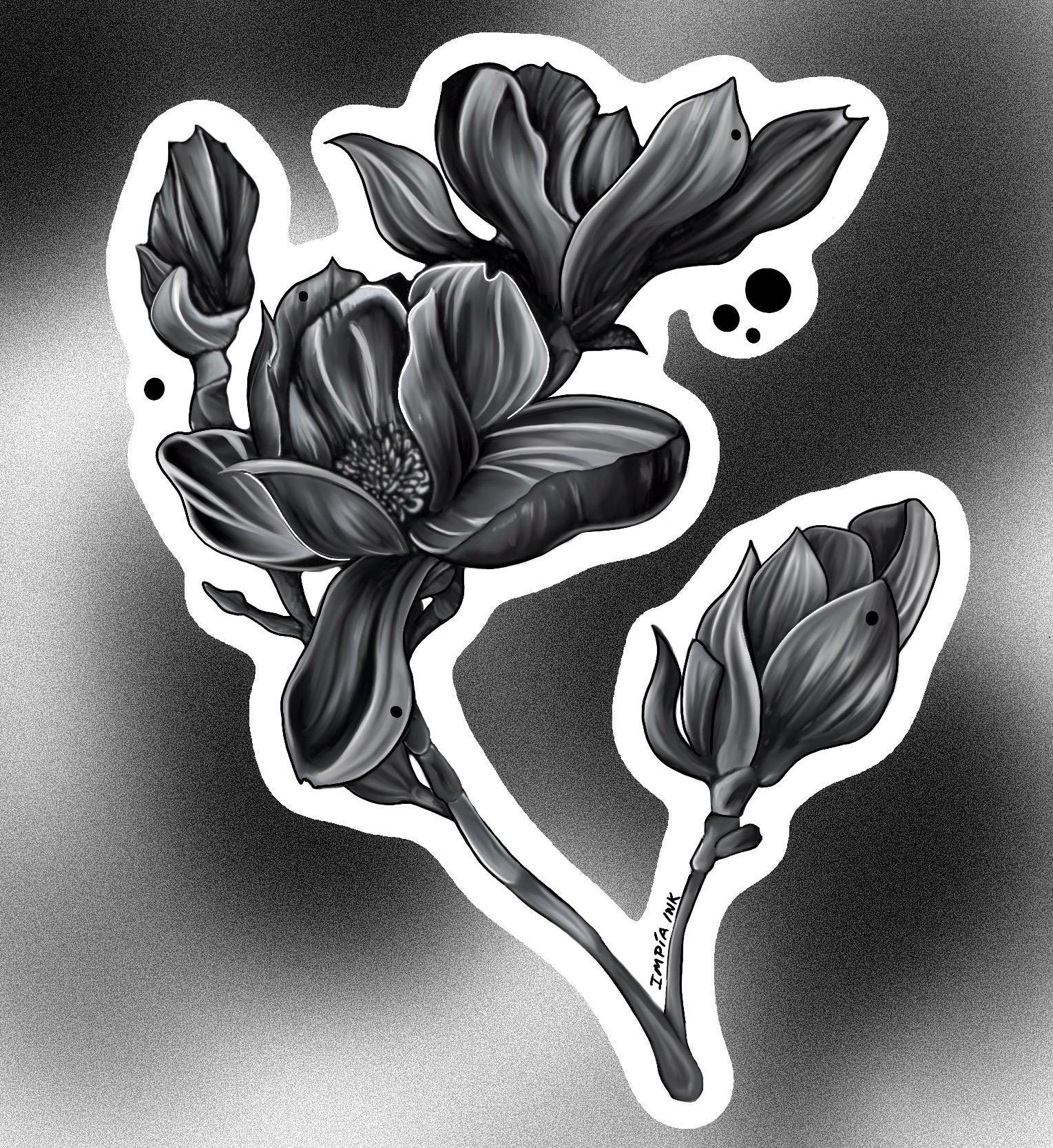 Black & Grey Floral Tattoo Flash Print | Dark Botanical Art
