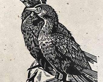Cormorants Linocut Print: Three Birds on Barrier – Wildlife Art