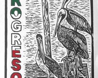 Progreso Pelicans Linocut print - Original Nautical Art