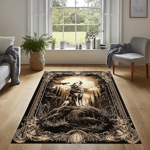 Howling Wolf Rug, Full Moon and Wolf Rug, Wolf Area Rug, Rustic Wolf Rug, Forest Inspired Wolf Rug, Wolf Themed Rug, Wolf Rug, Nature Rug