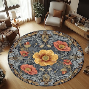 Traditional Floral Rug, Floral Round Rug, Poppy Flower Round Rug, Floral Rug, Flower Pattern Rug, Traditional Round Rug, Flower Rug