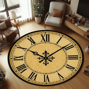 May include: A round rug designed to resemble a clock face. The rug features a cream-colored background with black Roman numerals and clock hands. The rug has a black border and a decorative flourish at the center.