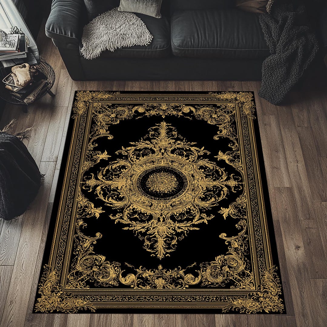Black and Gold Baroque Rug, Elegant Baroque Rug, Luxury Fancy Rug ...