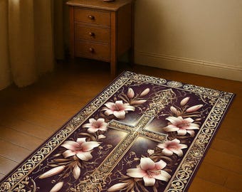 Floral Cross Prayer Rug, Christian Home Decor