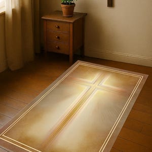 Könnte beinhalten: Rechteckiger Teppich mit Kreuzmuster. Der Teppich zeigt ein Kreuz in der Mitte mit einem strahlenden Lichteffekt, umrahmt von einem doppelten Rand. Die Farbpalette umfasst Braun- und Goldtöne, die eine warme und einladende Ästhetik schaffen.