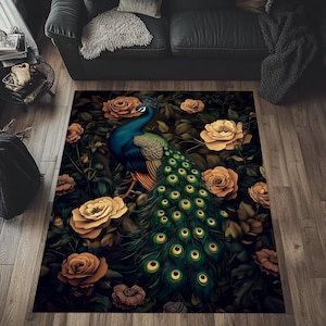 Peacock Area Rug, Floral Peacock Rug, Peaocock Pattern Rug, Peacock Rug, Peacock Design Rug, Peacock Decor, Peacock Themed Rug, Animal Rug