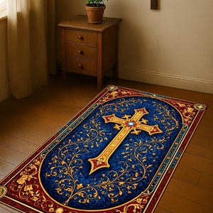 Könnte beinhalten: Rechteckiger Teppich mit einem großen goldenen Kreuz-Design auf blauem Hintergrund, umrahmt von roten und goldenen floralen Mustern. Der Teppich liegt auf einem Holzboden, mit einem kleinen Holztisch und einer Topfpflanze im Hintergrund.