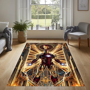 May include: A rectangular area rug featuring a central graphic of the Iron Man character in red and gold armor. The design includes a glowing chest arc reactor, light emanating from the palms, and an intricate geometric gold art deco background.