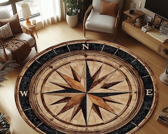 Retro Compass Round Area Rug, Nautical Decor (24 inch)