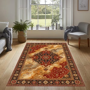 Red Traditional Oriental Area Rug, Marble Look Agate Stone Home Decor
