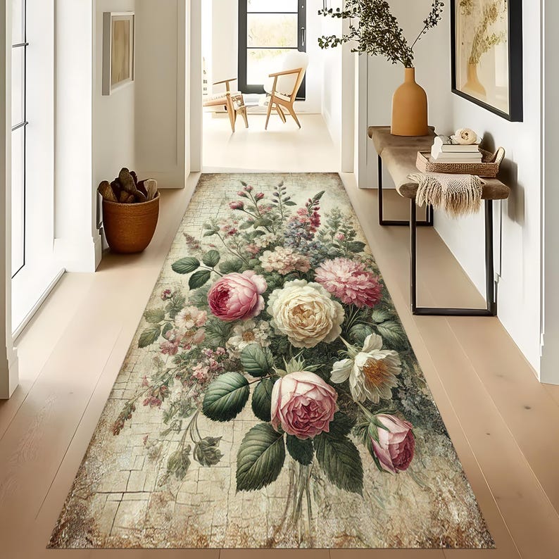 Vintage Style Floral Runner Rug, Non-slip Cotton Base - Etsy