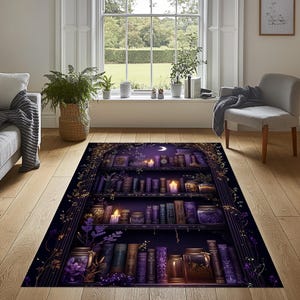 May include: A purple and gold rug with a bookshelf design. The bookshelf is filled with books, candles, and jars. A crescent moon is visible in the top center of the rug.