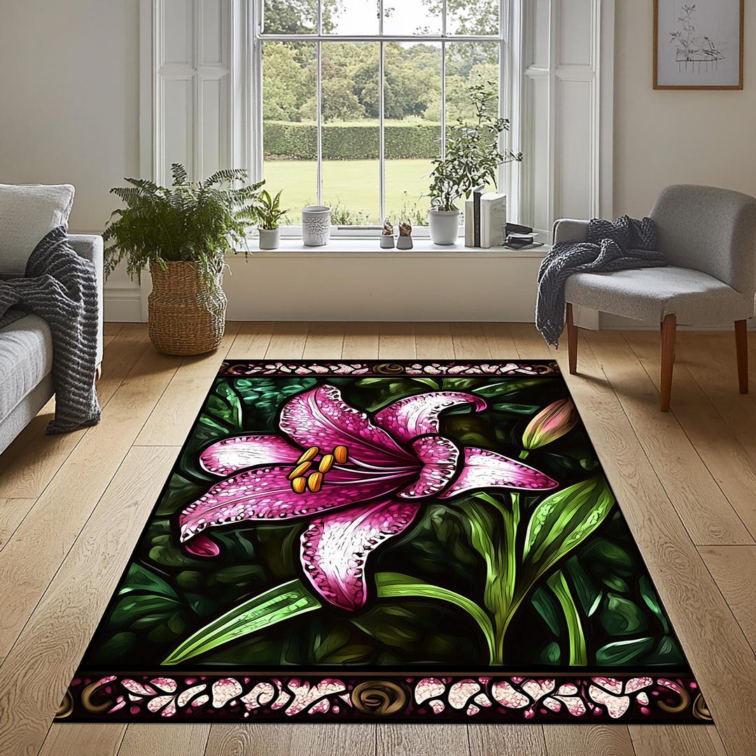 Lily Rug Lily Flower Rug, Lilies Area Rug, Drawing Style Floral Rug, Lily Rug ...