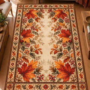 May include: A rectangular area rug featuring a cream-colored center adorned with a symmetrical pattern of vibrant orange, red, and yellow maple leaves, dark green foliage, and clusters of small red berries, framed by a decorative border.
