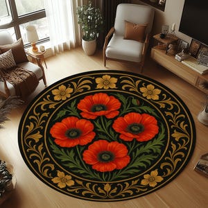 Roter Blumenteppich, runder Teppich mit Mohnblumen, Teppich mit Blumenmuster, Teppich mit Blumenmuster, Teppich mit Blumenmuster, Teppich mit Blumenmuster