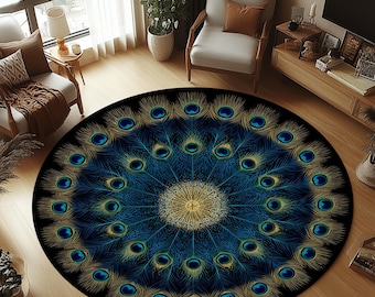 Peacock Feather Mandala Rug, Peacock Feather Rug. Peacock Feather Round Rug, Feather Area Rug, Peaacock Round Rug, Peacock Round Rug