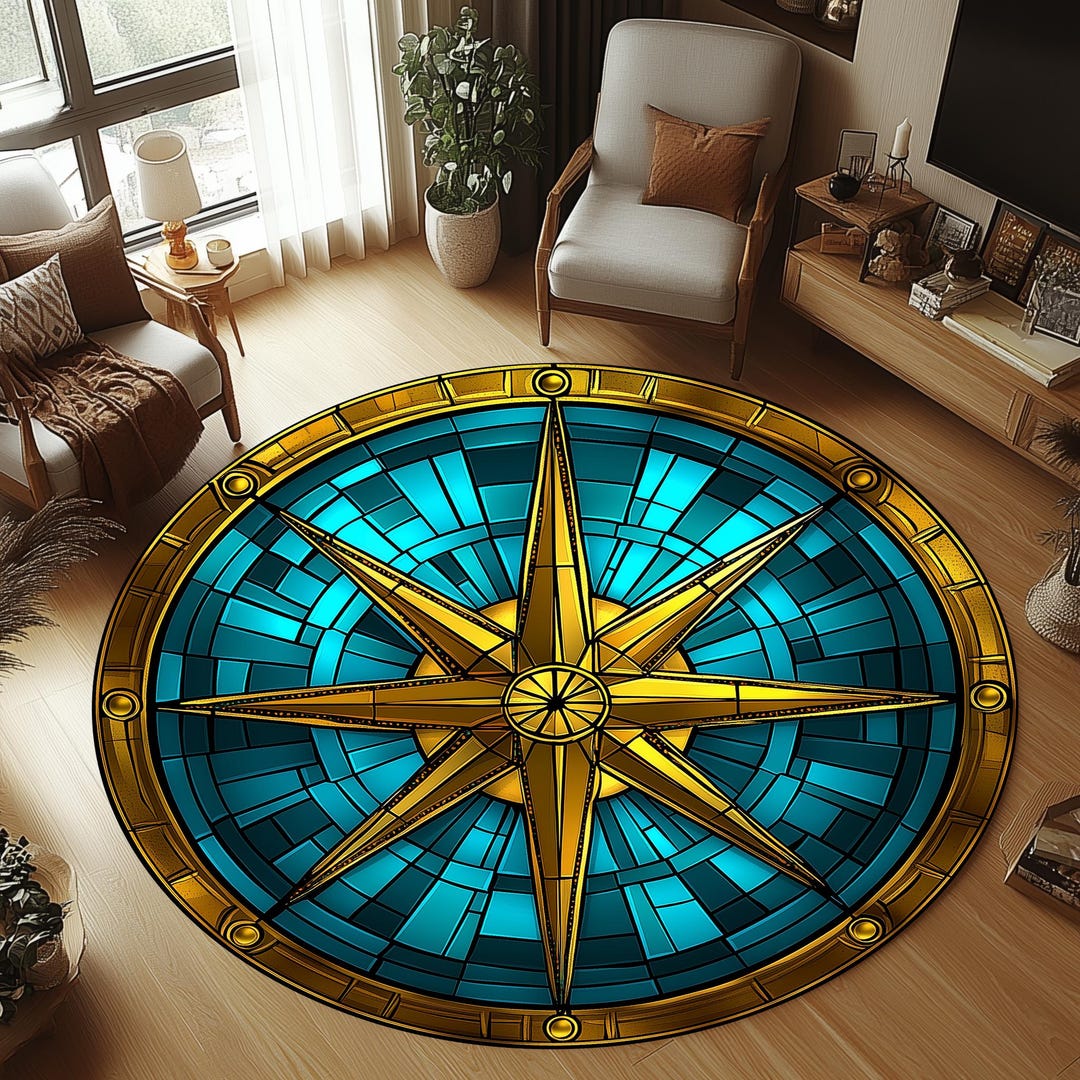 Stained Glass Compass Rug, Compass Area Rug, Compass Round Rug, Compass ...