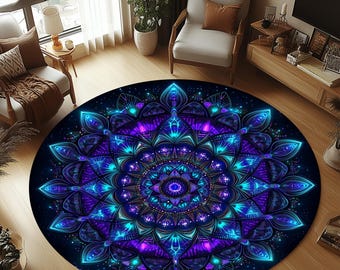 Lebendiger Mandala-Teppich, runder Teppich, Neon-Look, rutschfeste Baumwolle (61 cm)
