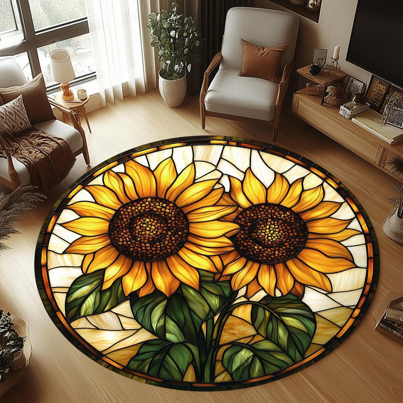 Stained Glass Sunflower Round Rug, Non-slip Cotton Base (1.9ft/60cm) - Etsy