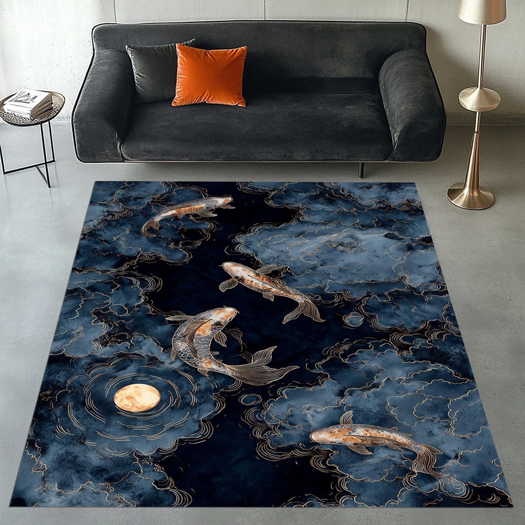 Japanese Koi Fish Area Rug, Dark Blue Cloud Pattern Carpet, Washable ...