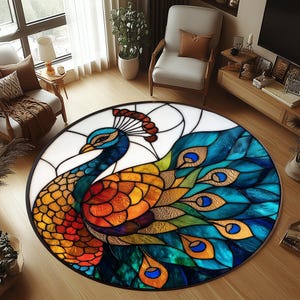 Colorful Peacock Rug, Stained Glass Peacock Rug, Peacock Round Rug, Peacock Decor Rug, Peacock Area Rug, Peacock Pattern Rug, Peacock Rug