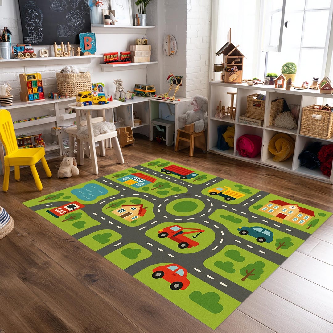 Colorful Road Map Rug With Trucks & Diggers, Boys Room Decor, Toy Car ...