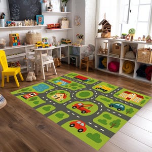 Kleurrijk tapijt met wegenkaart met vrachtwagens en graafmachines, jongenskamerdecor, vloerkleed speelgoedauto, interactief speelkleed, vloerkleed kinderkamer, tapijt voertuigthema, kindertapijt