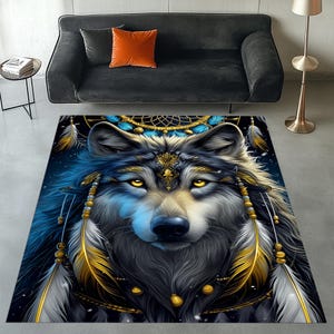 Spirit Wolf Area Rug, Wolf and Feathers Rug, Bohemian Style Wolf Rug, Wolf Area Rug, Native Wolf Rug, Wolf Rug, Wolf Pattern Rug, Wolf Decor